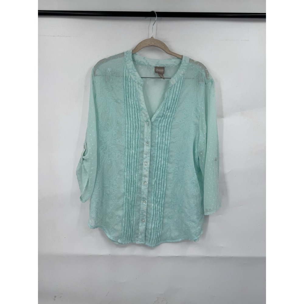 Chico's Kandyce Sheer Embroidered Blouse Medium Pintuck‎ Boho Fairy Cottagecore